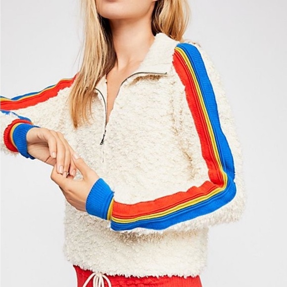Free People Marshmallow Striped Mock Neck Pullover 1/2 Zip Rainbow Beige XS - Picture 1 of 11